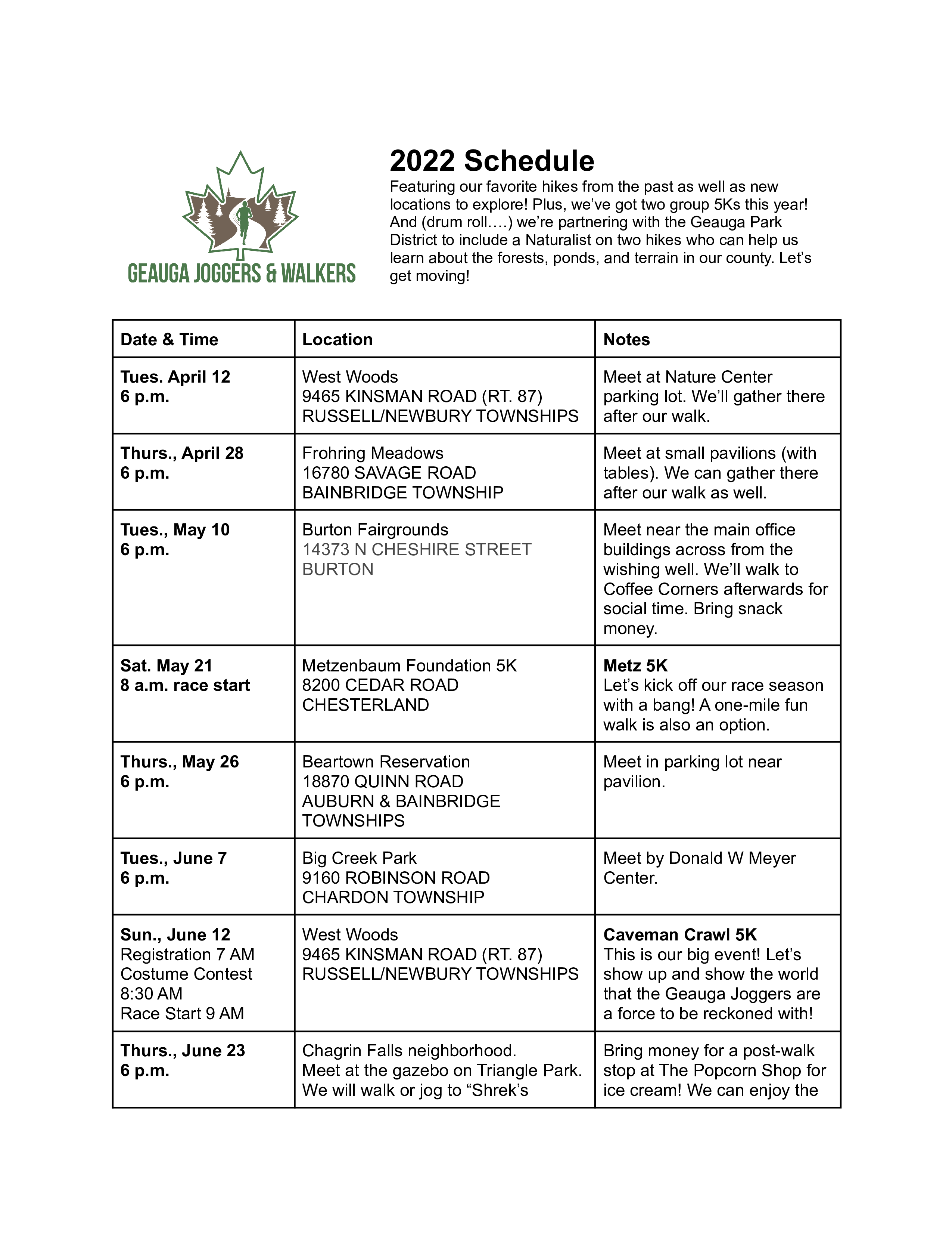2022 Geauga Joggers and Walkers Schedule-P1
