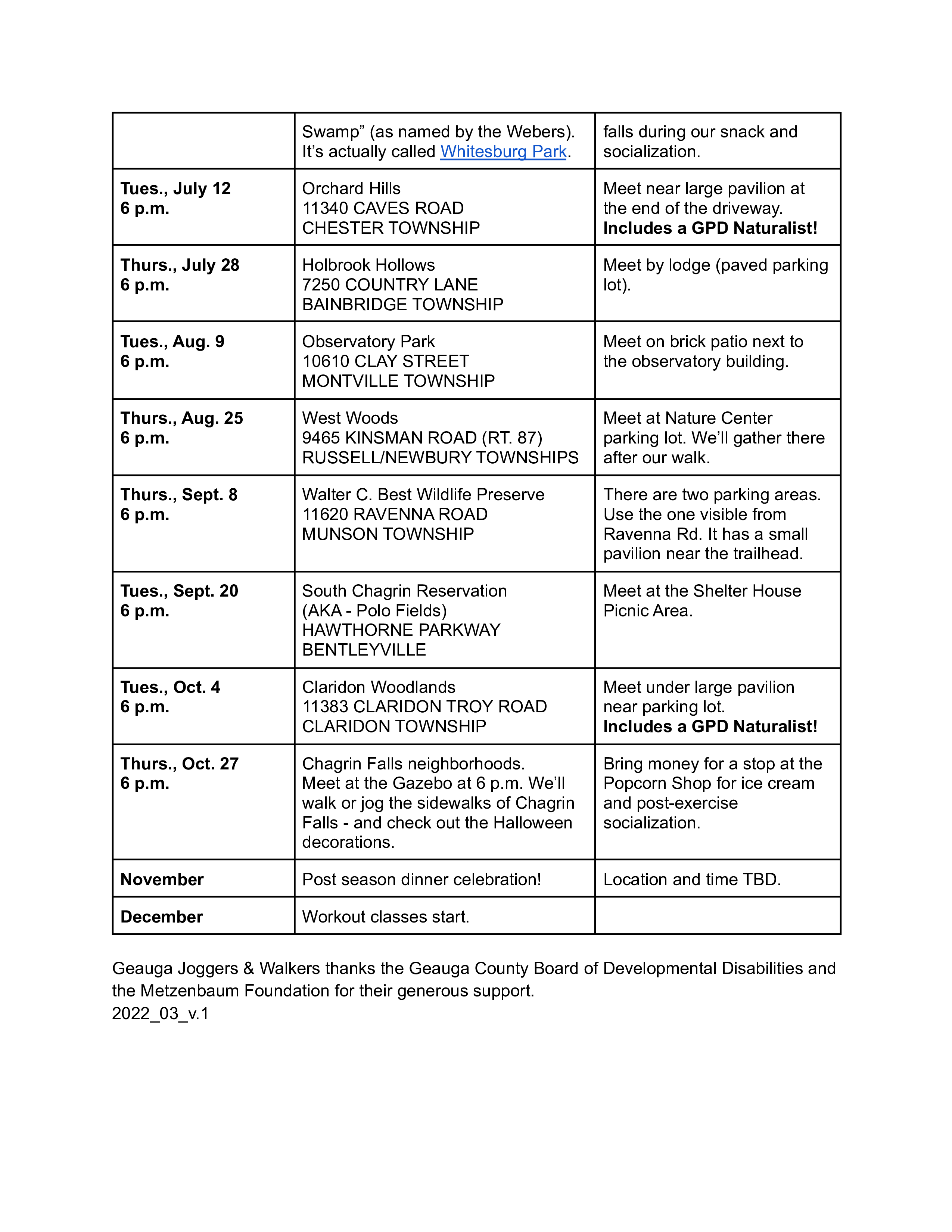 2022 Geauga Joggers and Walkers Schedule-P2