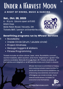 NPower Services benefit dinner and concert flyer. Under a Harvest Moon. Sat., Oct 28, 2023, 6-10 p.m., EOUV Club 8636 Pekin Rd, Novelty OH. $65